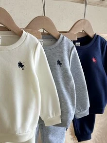 LMoss Kids 男嬰兒童卡通小馬刺繡圖案厚針織柔軟圓領長袖套頭衛衣彈性腰長褲6件套 - 彩色 - 查看 4