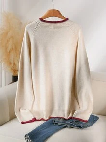 CosyJoli Plus Size Women's Fashion Small Fish Pattern Color Block Shoulder Raglan Sleeve Crew Neck Pullover Sweater, Simple Casual Autumn/Winter Top - Multicolor - View 3