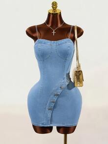 Mistrie Women's Button Design Slim Fit Spaghetti Strap Denim Dress - Blue - View 6