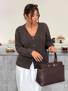 Firerie Maillard Coffee Color V-Neck Cable Knit Loose Lazy Long Sleeve Vintage Sweater Cardigan Winter - Brown - View 2