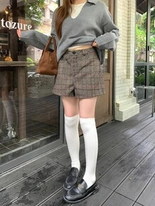 DAZY Women's Houndstooth Pocket Casual Loose Shorts Fall - Khaki - View 6