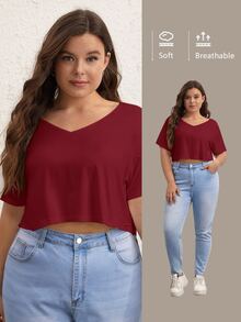 SHEIN BASICS 大尺碼純色V領短版T恤女款夏季上衣套裝 - 酒紅色 - 查看 7