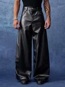 PAVTROS Men's Brown Long Pants, Fashion Crocodile PU Leather Pants, Minimalist Versatile Straight Leg Pants - Black - View 3