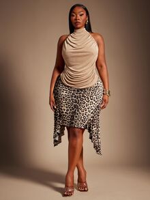 SHEIN SXY Plus Size Women's Asymmetrical Hem Beige High Elasticity Knit Skirt Date Night Party Autumn Sexy Fall - Multicolor - View 4