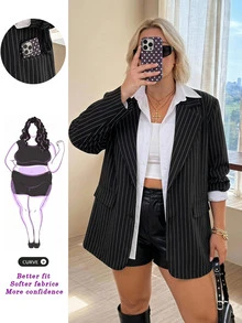 SHEIN CURVE+ 大尺碼女款長袖休閒通勤條紋西裝外套 - 黑色 - 查看 1