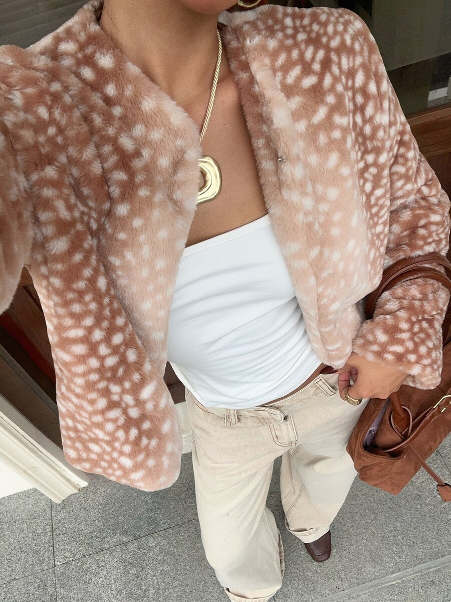 SHEIN EZwear 女款豹紋人造毛大衣