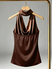 SHEIN Franclia 女款純色露背垂領鏤空垂領優雅修身襯衫 - 棕色 - 查看 2
