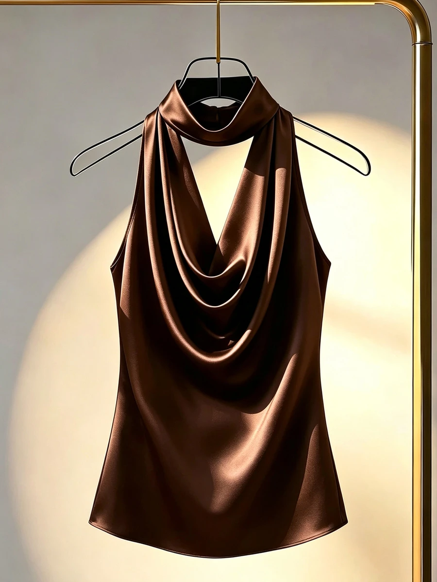 SHEIN Franclia 女款純色露背垂領鏤空垂領優雅修身襯衫 - 棕色 - 查看 1