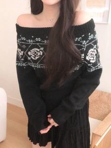 DAZY Women's Autumn/Winter Off-Shoulder Fair Isle Vacation Style Sweater - Black - View 3