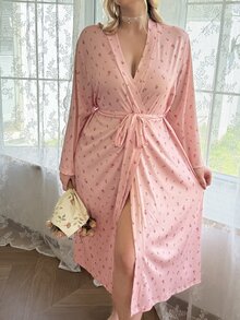 CottageSlumber Plus Size Women's Knit Ditsy Floral Tie-Front Robe - Dusty Pink - View 6
