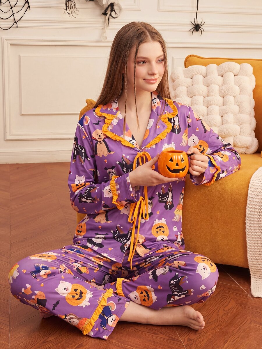 Provexi Provexi Women's Cartoon Print Long Sleeve Top And Pants Casual Daily Home Pajama Set - Multicolor - View 1