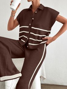 SHEIN كارديجان نسائي مقاس صغير باللون البني السادة مخطط بأزرار أمامية وأكمام قصيرة بنمط الخفاش مع بنطال طويل محبوك - بني - مشاهدة 5