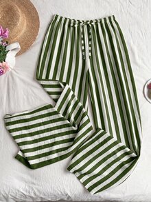 SHEIN EZwear 深綠色與白色條紋大尺碼女款繫腰寬腿長褲 - 軍綠色 - 查看 6