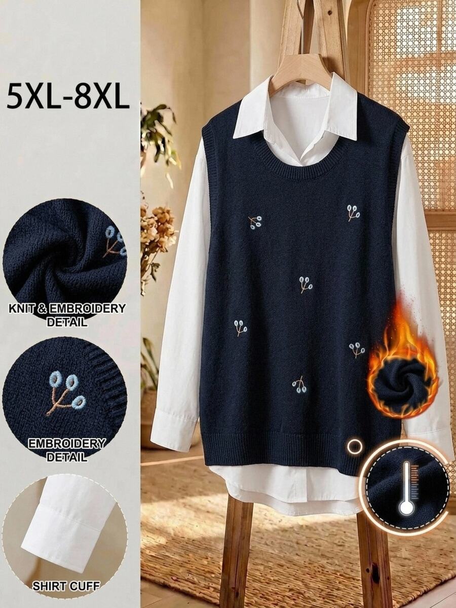 SHEIN CURVE+ Women's Solid Color Embroidered Round Neck Sweater Vest, Autumn/Winter Fall - Navy Blue - View 1