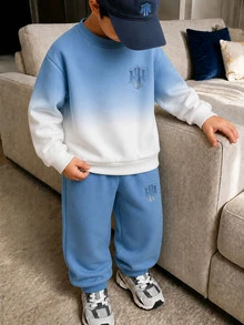 Boys' (Small) Sweatshirt Set, Crew Neck Sweatshirt With Blue-White Gradient Effect, Transitioning From Light Blue To Beige White From Top To Bottom, 3D Logo On Left Chest, Ribbed Cuffs And Hem, Solid Light Blue Sweatpants With Matching Logo On Side, Ribbed Cuffed Ankles - Multicolor - View 1