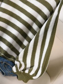 CosyJoli Plus Size Women's Fashion Casual Kawaii Olive Green Striped Loose Pullover Sweater, Versatile Commuter Top For Autumn/Winter Formal Vacation Top - Multicolor - View 6