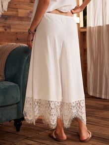 Lullawish Women's Solid Color Waist Tie Contrast Lace Wide Leg Pajama Pants - White - View 4