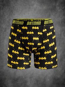 BATMAN X SHEIN Men's Extended Bat Print Boxer Briefs, Anti-Chafing Long Leg Sports Boxer Shorts - Black - View 1