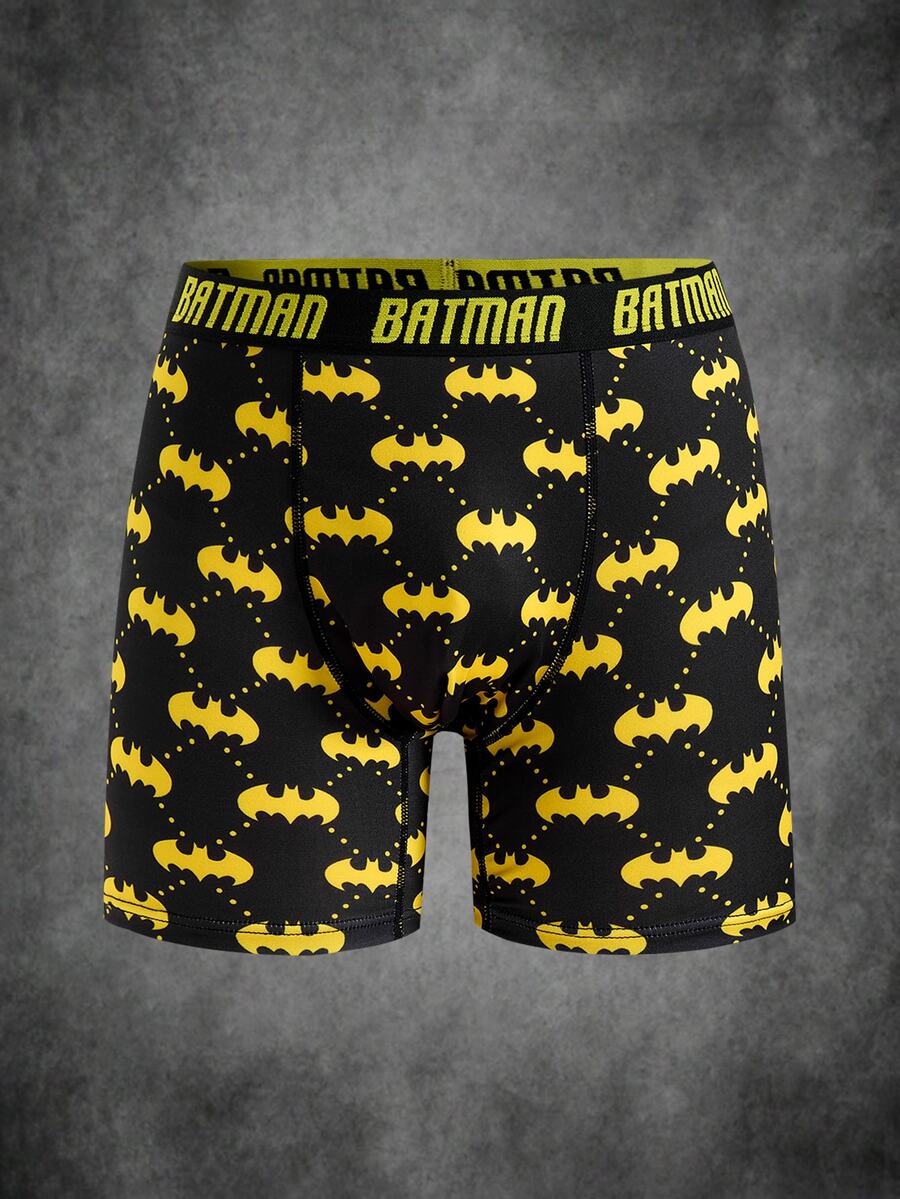 BATMAN X SHEIN Men's Extended Bat Print Boxer Briefs, Anti-Chafing Long Leg Sports Boxer Shorts - Black - View 1