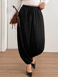 Shapeblank Plus-Size Women's Summer Casual Traditional Loose Slimming Textured Fabric Black Elastic Waist Lantern Pants Bottom Formal Office Dinner - Black - View 1
