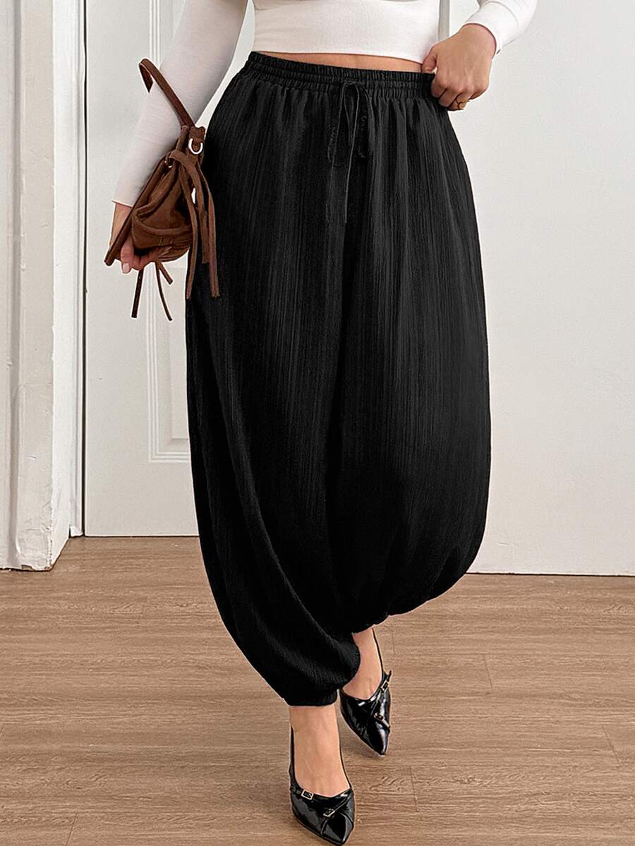 Shapeblank Plus-Size Women's Summer Casual Traditional Loose Slimming Textured Fabric Black Elastic Waist Lantern Pants Bottom Formal Office Dinner - Black - View 1