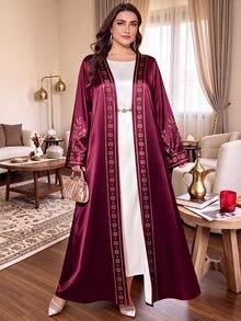 SHEIN Najma 花卉枝條印花深紅色緞面柔軟女款大尺碼優雅阿拉伯式長袍，春秋時尚長袖開襟長版外套，阿拉伯風服飾 - 彩色 - 查看 3