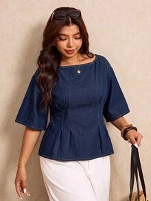 SHEIN MOD Plus Size Women Boat Neck 3/4 Sleeve Cinched Waist Denim Top - Dark Wash - View 4