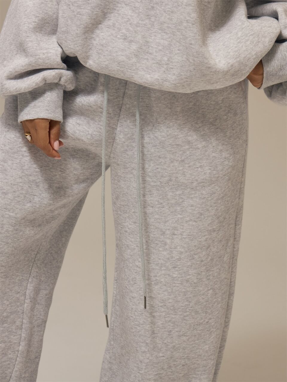 Marl Grey Self-Tie Drawstring Ribbed Elastic Waistband Straight Leg Relaxed Fit Joggers Bottoms