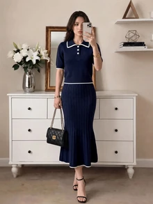 Modelyn POLO Collar Button-Up Slim Fit Waist-Cinching Navy Blue Short Sleeve 2 Pieces Knit Sweater Set - Royal Blue - View 4