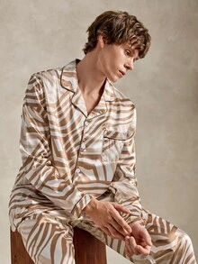 EverLounge Men's Luxury Drape Satin Coffee-Colored Wavy Pattern Vintage Loose Fit Loungewear Top - Brown - View 1