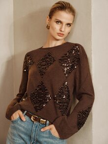 Arave Sweater Rajut Wanita Longgar Motif Argyle dengan Bordir Payet, Kasual Sehari-hari, Warna Polos, Serbaguna, Ukuran Besar, Leher Bulat, Lengan Panjang, Pullover - Coffee Brown - View 1
