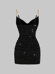 Sweetra Women's Elegant Sexy Fashion Party Club Shiny Fabric With Metal Chain Black Mini Dress Halloween Summer - Black - View 2