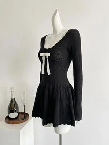 DAZY French Sexy Cute Elegant Style Bow Long Sleeve Dress For Women, Autumn Winter Design, Waist-Cinched, Sweet Everyday Dinner Date Night Black And White - Black - View 4