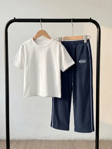 SHEIN 兒童男孩 1件裝 運動休閒學院風 百搭簡約實用舒適直筒長褲 春夏秋冬款 - 藏蓝色 - 查看 4