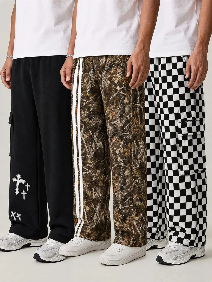 SHEIN Tween Boy Cross Camo Kids Checkerboard Print Casual Loose Pants 3pcs Pieces Set - Multicolor - View 1