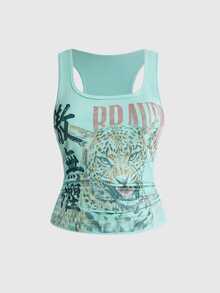 ROMWE Avant Plus Size Women's Letter & Animal Print Casual Daily Wear Top - Green - View 1