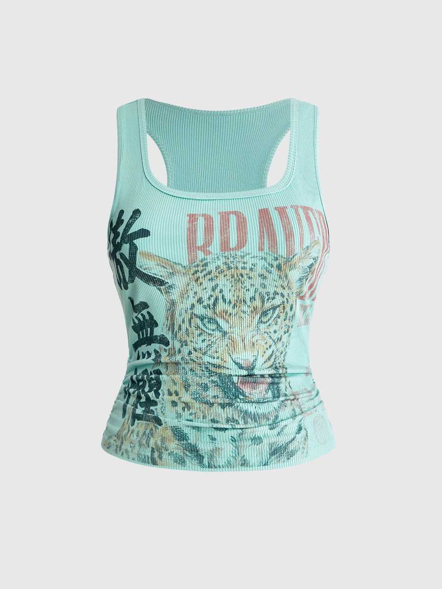 ROMWE Avant Plus Size Women's Letter & Animal Print Casual Daily Wear Top - Green - View 1