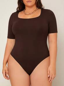 SHEIN BASICS 大尺碼純色圓領連身衣女款夏季穿搭 - 棕色 - 查看 4