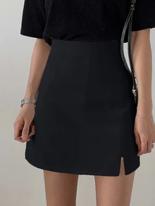 DAZY Women's Casual Versatile Solid Color High Waist Skirt - Black - View 3