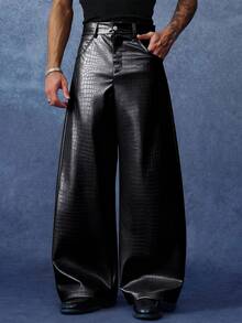 PAVTROS Men's Brown Long Pants, Fashion Crocodile PU Leather Pants, Minimalist Versatile Straight Leg Pants - Black - View 1