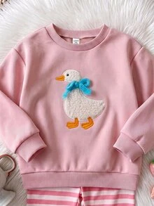 SHEIN Babygirl Cute Casual Knit Cartoon Pattern Sweatshirt & Elastic Waist Long Pants 4pcs Set - Pink - View 6