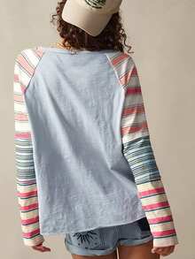 Breezaya 女款基礎款秋季條紋長袖圓領休閒上衣 T-shirt，適合日常街頭穿搭 - 彩色 - 查看 2