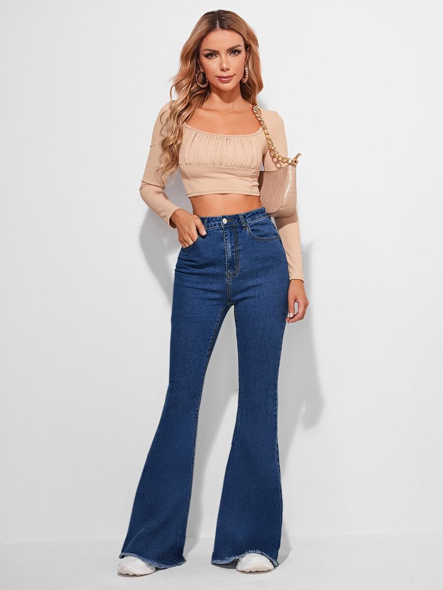EMERY ROSE Raw Hem Flare Leg Vintage Jeans - Dark Wash - View 1
