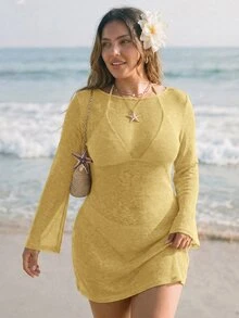 SHEIN ICON 女款大尺碼純色長袖時尚沙灘度假洋裝 - 淡黃色 - 查看 2