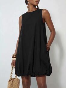Zivah Women's Solid Color Round Neck Sleeveless Pocket Bud Casual Mini Dress - Black - View 7