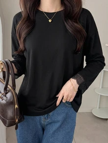 DAZY 女款圓領蕾絲拼接套頭休閒極簡風T恤 - 黑色 - 查看 4