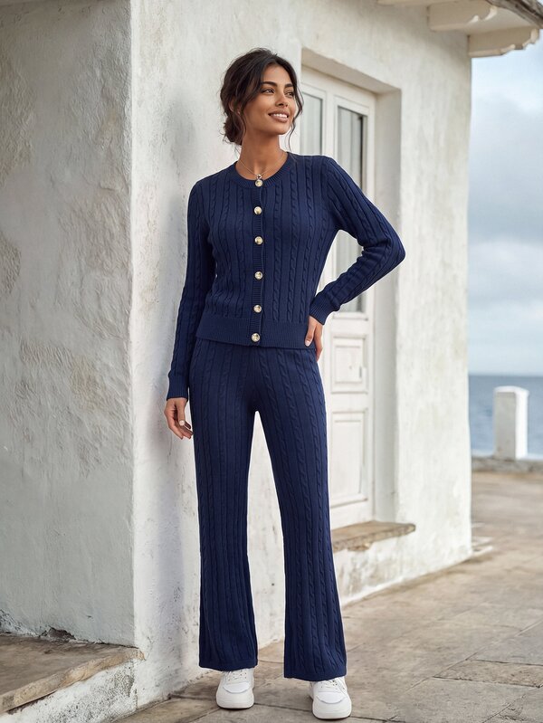 Faunlyn Ensemble 2 pièces pour femme automne/hiver décontracté couleur unie cardigan & pantalon tricoté