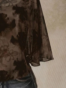 SHEIN ICON 女款休閒極簡棕色花卉圖案大尺碼網紗上衣 - 彩色 - 查看 4