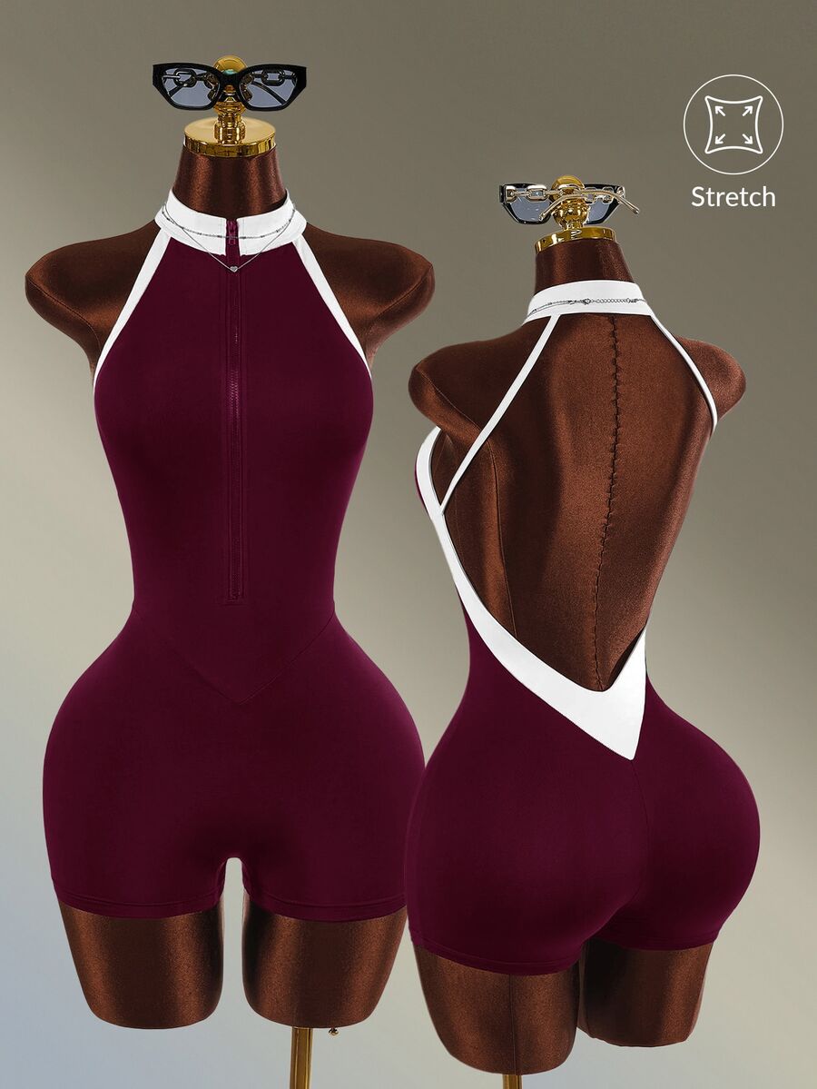 Amplova Women's Colorblock Backless Halter Neck Athletic Romper - Burgundy - View 1