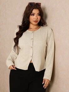 Elaquor Plus Size Autumn Casual Solid Color Front Button T-Shirt - Apricot - View 1